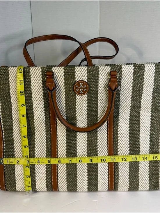 Tory Burch Blake Grove Green & White Striped Canvas Tote Cognac Leather Trim - Picture 14 of 14